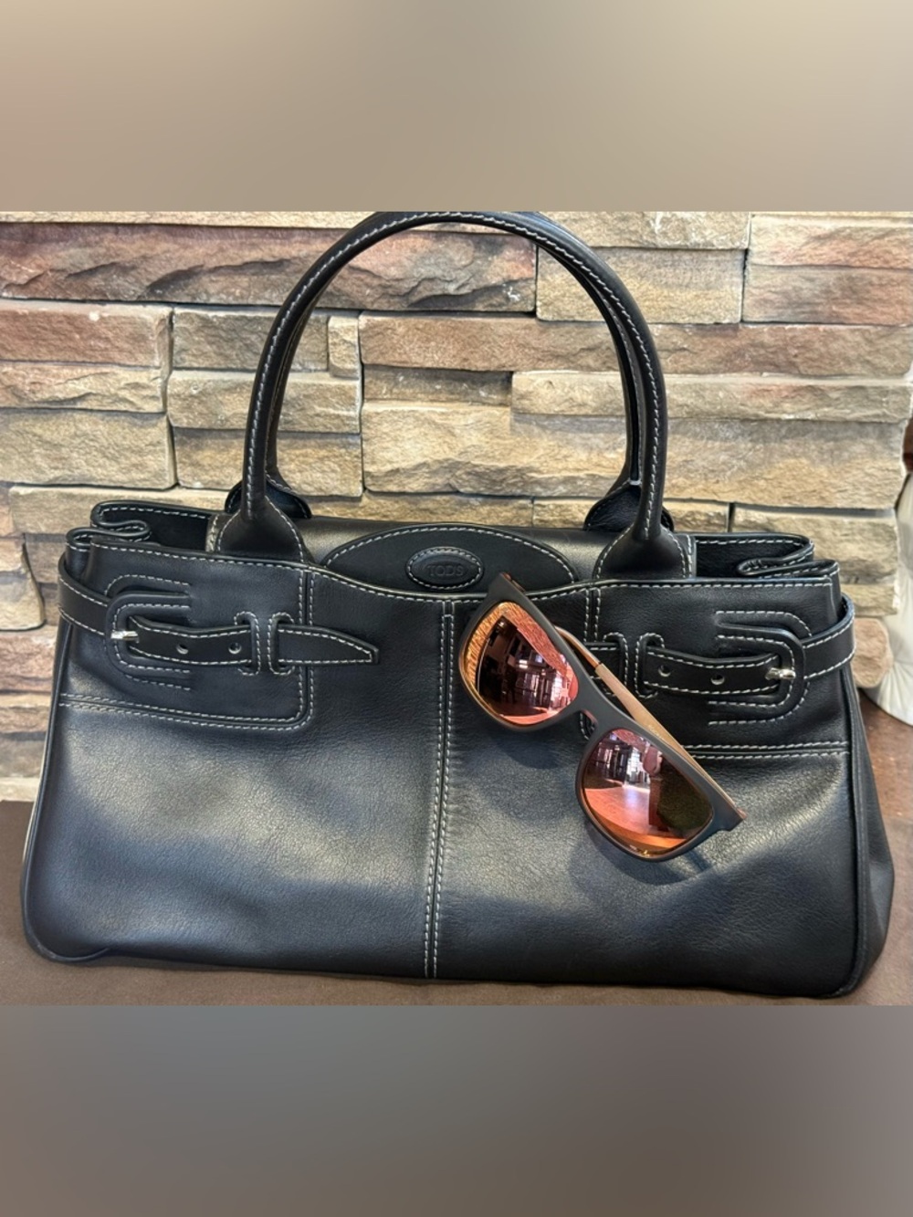 Tod's Black Leather Satchel with Contrast Stitching/ made in Italy/